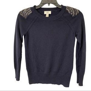 Ann Taylor LOFT Wool Blend Womens Sz M Petite Navy Blue Beaded Shoulders Sweater